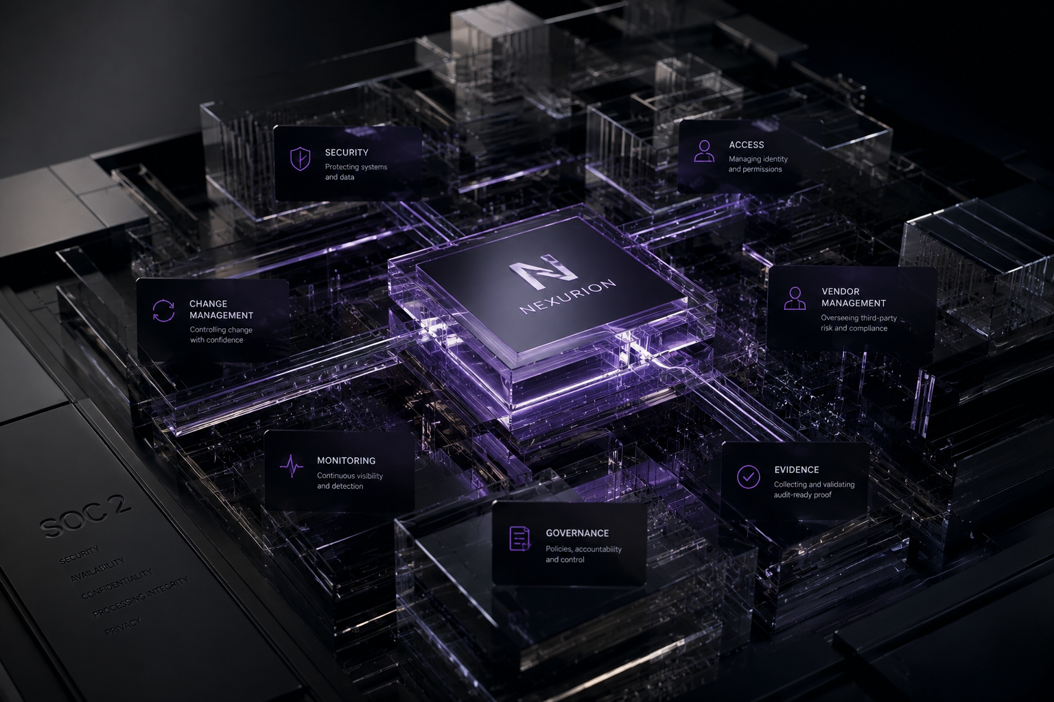 The Nexurion Trust Core: a glowing central processor labelled Nexurion surrounded by SOC 2 control domains — Security, Access, Change Management, Vendor Management, Monitoring, Governance, and Evidence — over a dark architectural lattice engraved with SOC 2 and its trust criteria.
